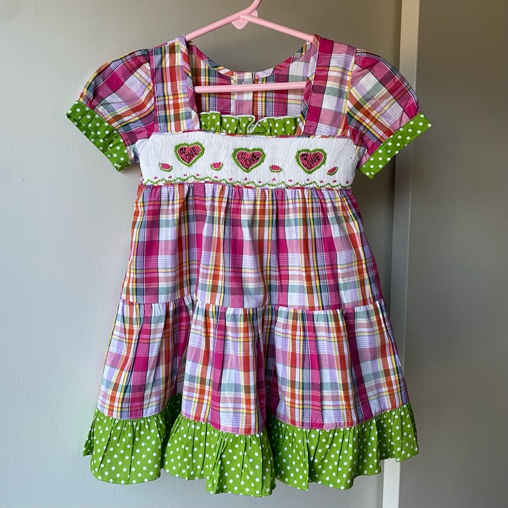 Smocked Dress 2T NWT New Pink Green Plaid Hearts Love 100% Cotton Polka Dots